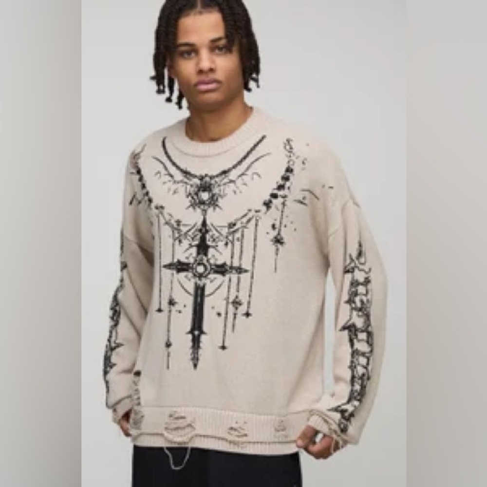 Boxy Gothic Distressed Knitted Jumper